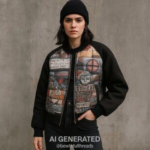 Bosideng Bomber Jacket Graffiti Print Puffer Black Sleeves Streetwear Unisex M